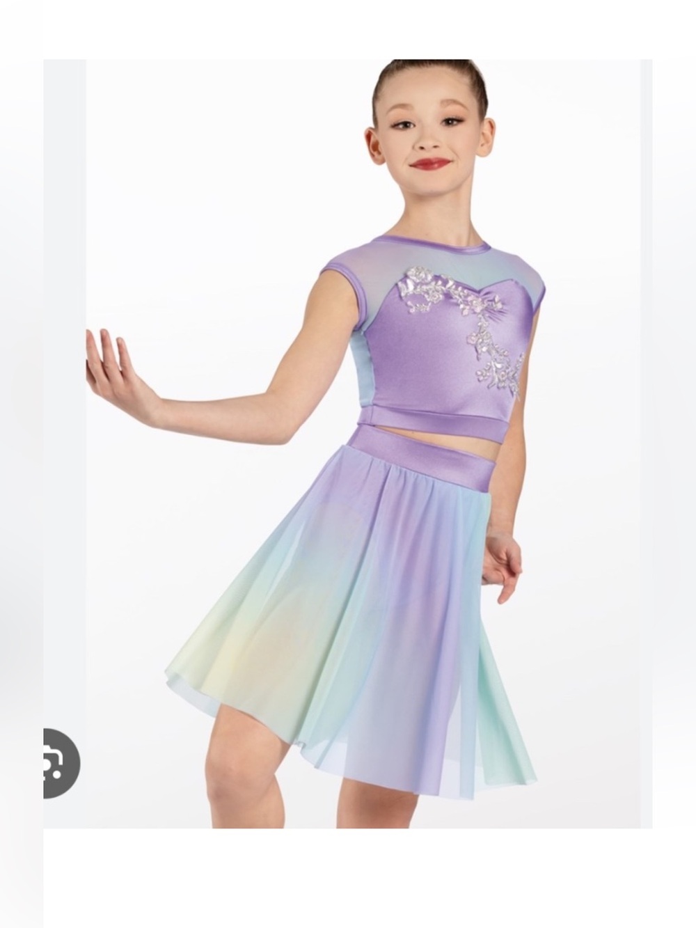 Weissman lyrical two-piece dance costume in soft lavender and pastel tones.